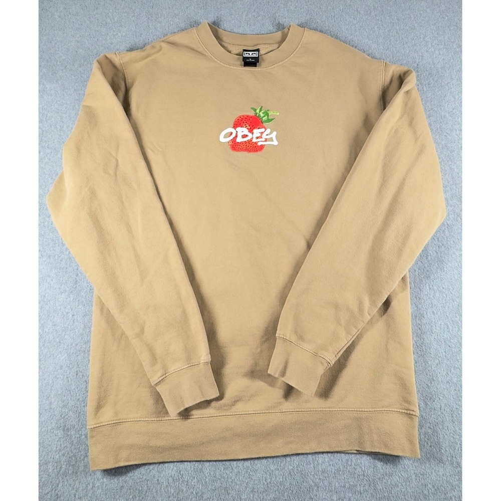 Obey Sweater Mens L‎ Beige Crew Neck Pullover Sweatshirt Strawberry